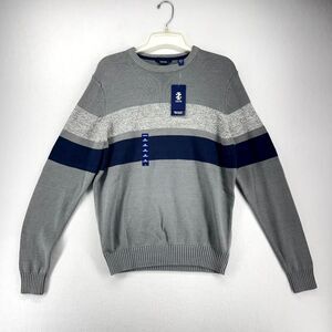 IZOD Woods Cove Chest Stripe Sweater Crew Neck Med Gray Heather Mens Size S NEW